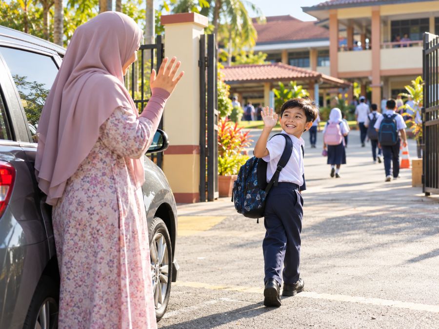 Anak melambai gembira kepada ibu di pintu pagar sekolah