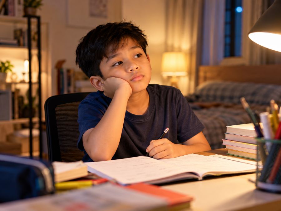 Anak termenung jauh dari buku latihan di meja belajar