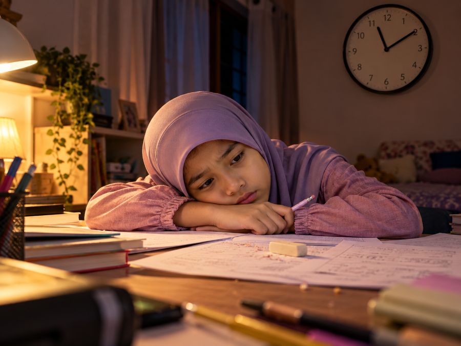 Anak perempuan letih di meja dengan lembaran kerja yang belum siap pada waktu malam