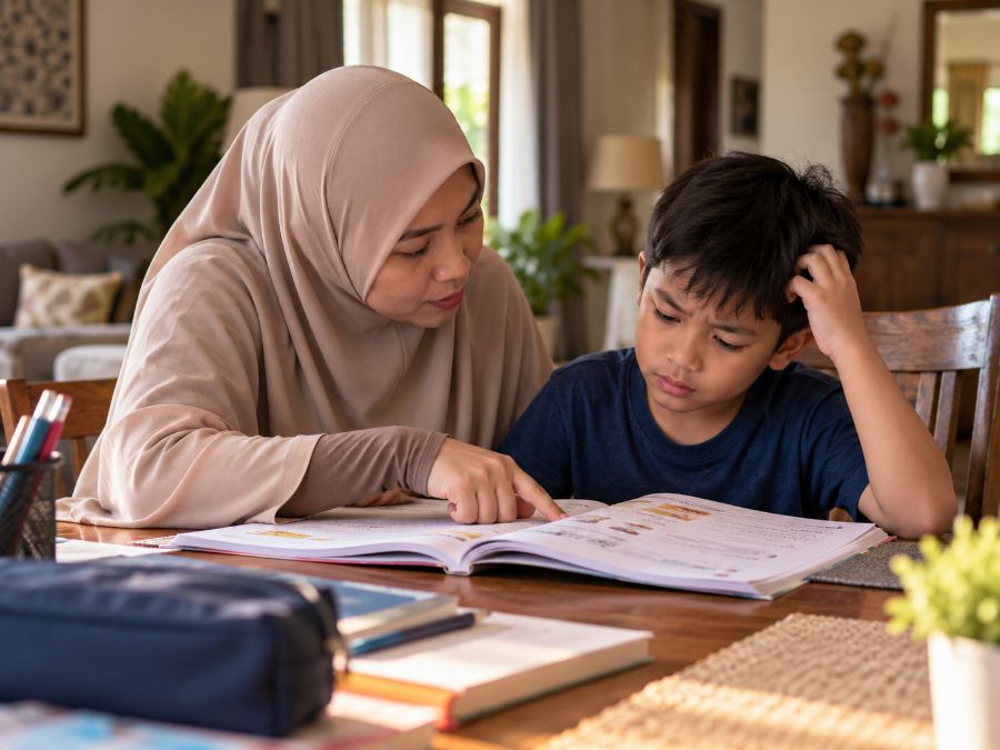 Ibu bertudung mengajar anak yang keliru di meja makan