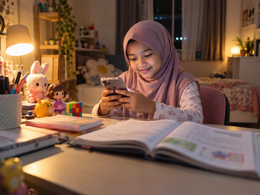 Anak perempuan bertudung leka dengan telefon sementara buku teks terbuka di meja